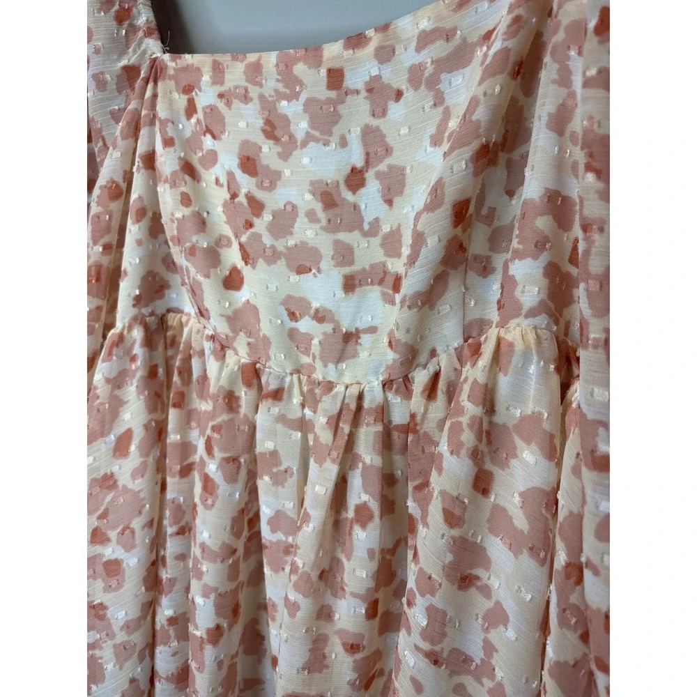 Storia Pink Abstract Print Puff Sleeve Mini Dress‎ Square Neck Clip Dot Small
